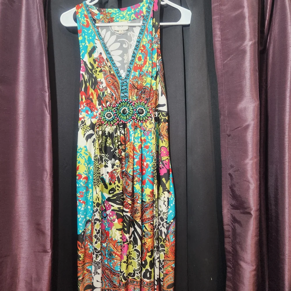 ECI Medallion Beaded Bodice Abstract Print Flowy Festival Maxi Sz 12 - Picture 1 of 16